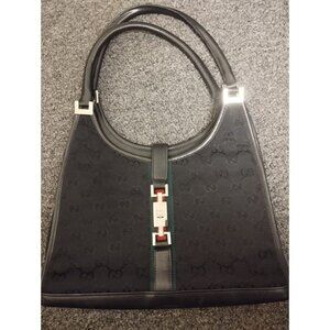 Gucci Jackie Bag Vintage Black GG Canvas Web Stripe Piston Hobo Shoulder Purse